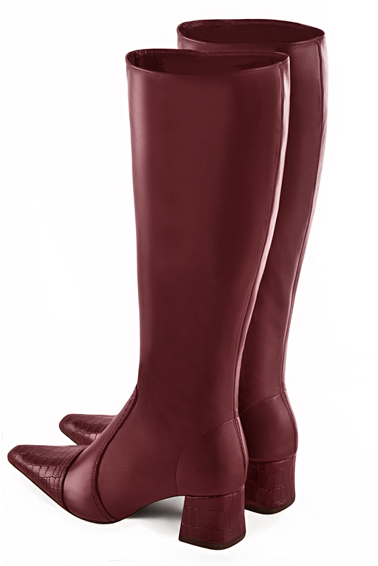 Burgundy red women's feminine knee-high boots. Tapered toe. Medium block heels. Made to measure. Rear view - Florence KOOIJMAN